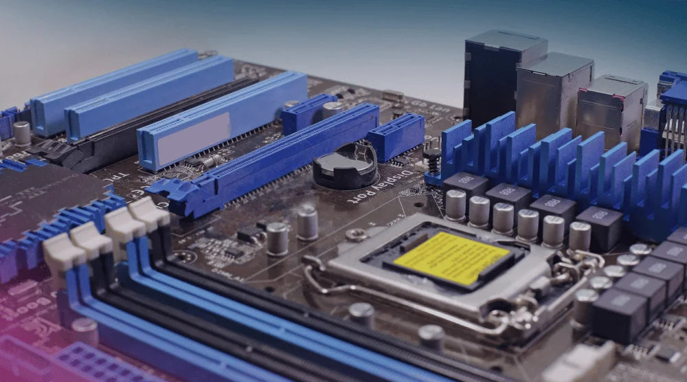 Close-up of a computer motherboard with components checked when diagnosing motherboard failure