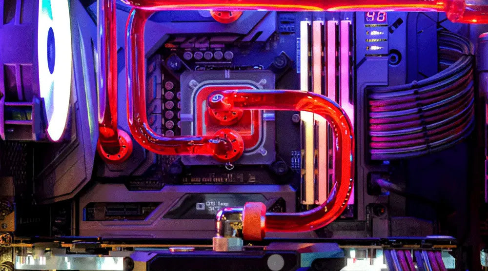 Installed liquid cooling system inside a high-performance gaming PC setup