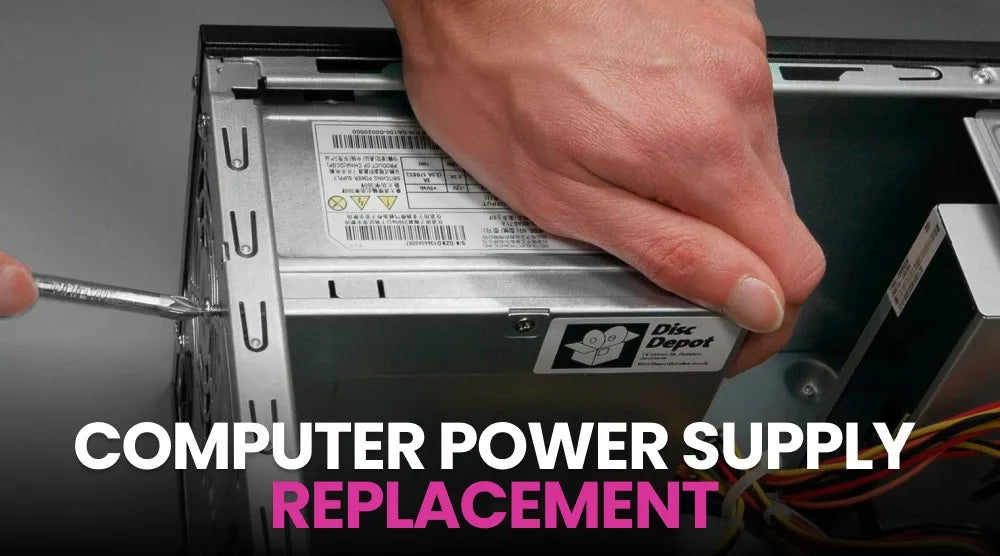 Technician replacing a computer power supply unit (PSU) inside a desktop PC